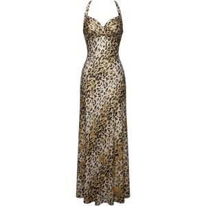 Sean Couture Leopard Gold Foil Beaded Halter Maxi Gown Dress Womens Size 6